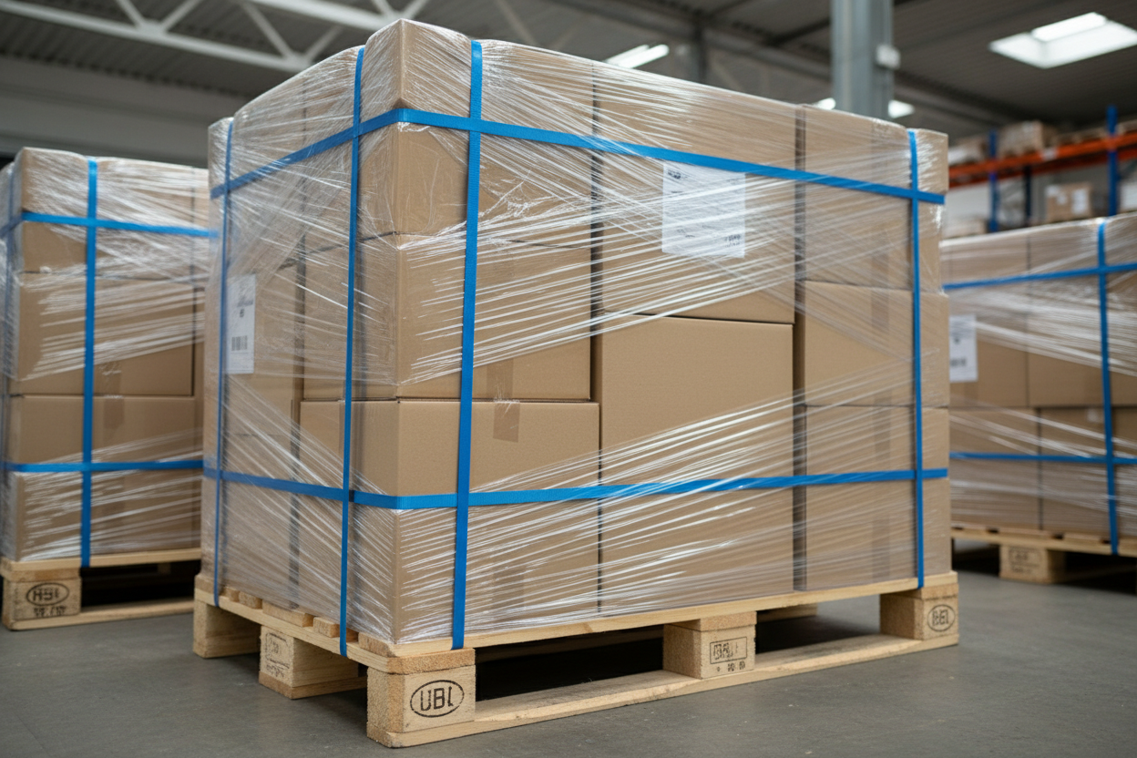 Mit Stretchfolie umwickelte und blau verschnürte Versandkartons stehen auf einer Holzpalette in einem Lagerhaus.