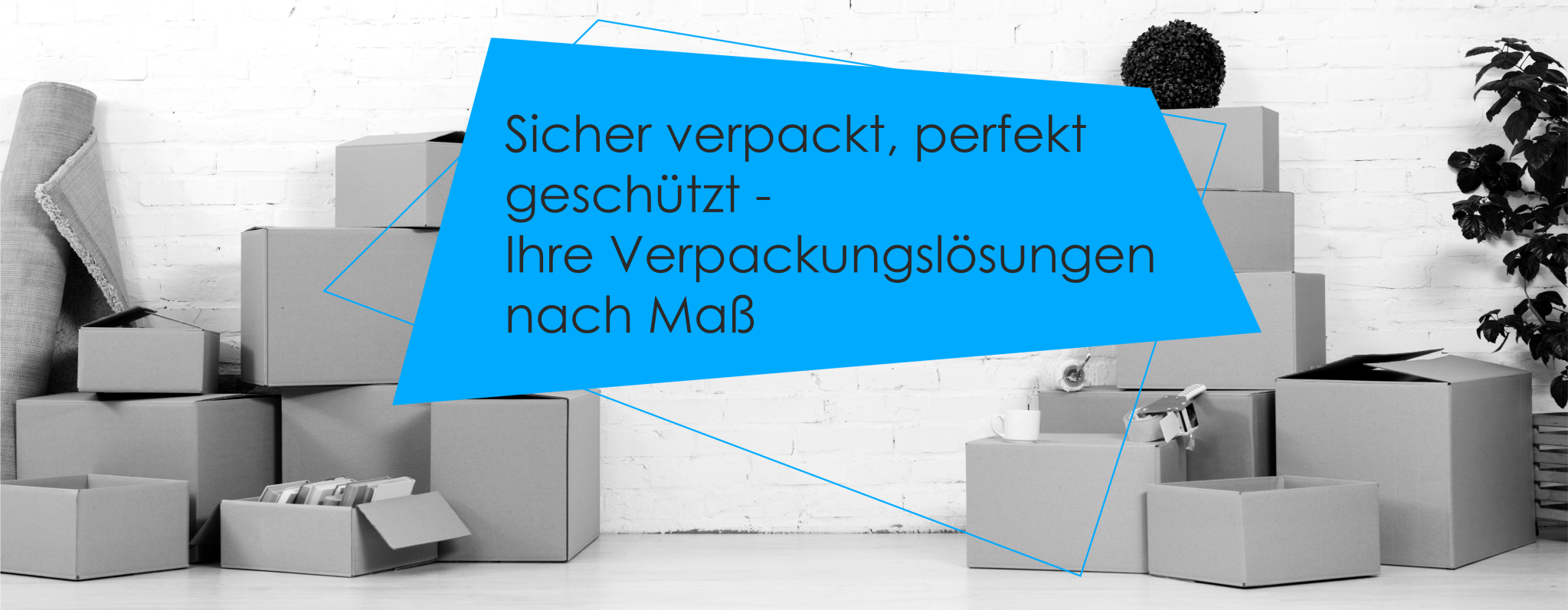 Header-Banner von Andreas Jahn Verpackung. Kartons und Zubehör. Blauer Kasten mit dem Text über uns.