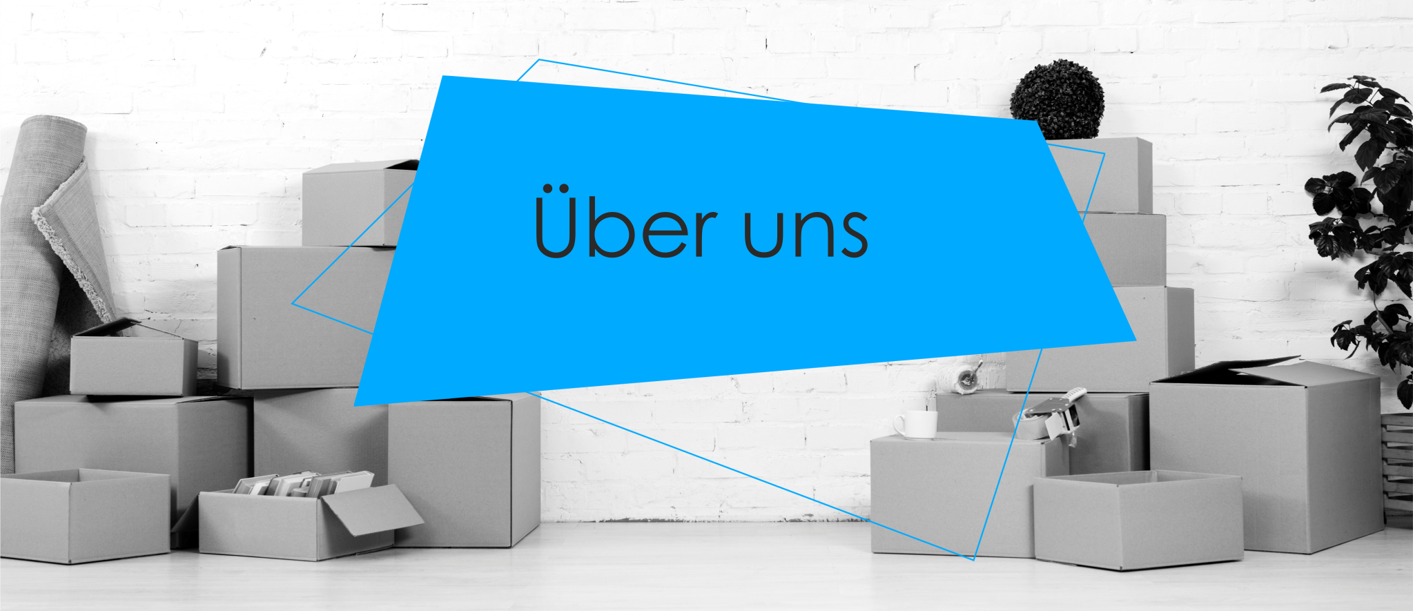 Header-Banner von Andreas Jahn Verpackung. Kartons und Zubehör. Blauer Kasten mit dem Text über uns.